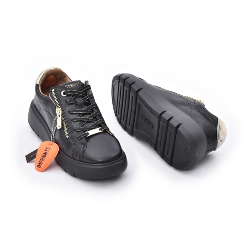 Sneakers damă din piele Impronte Venier Zip IL62501A 319, negru cu auriu — talpă și detalii