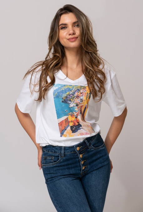 Tricou din bumbac cu imprimeu artistic si efect pictural 25863, Hermosa, alb - Img 5