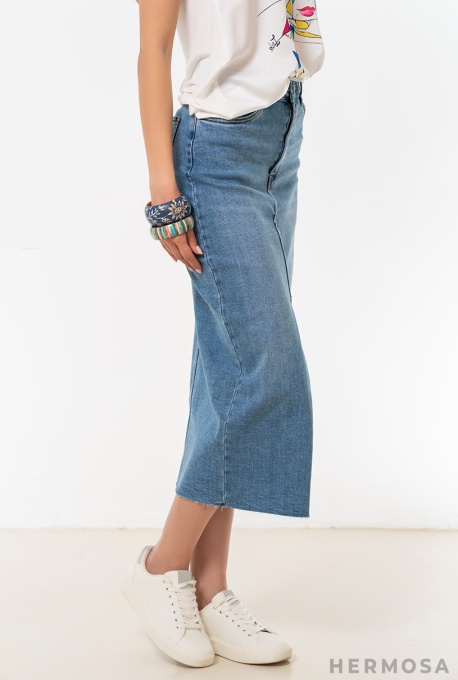 Fustă Midi Din Denim cu Efect Prespălat - Img 7