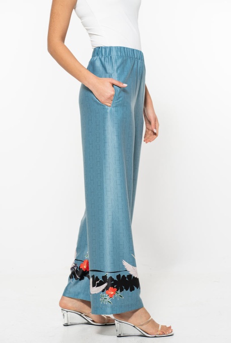 Pantaloni palazzo Dasha turcoaz Hermosa – satin imprimat, ediție limitată, fabricați în România - Img 3