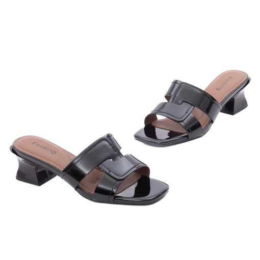 Papuci dama din piele naturala lacuita, Feeling 31088, negru - Img 2
