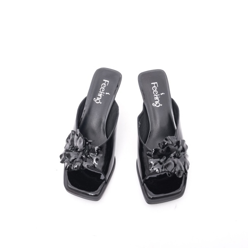Papuci damă eleganți Feeling Z0307-6595 – negri, lăcuiți, aplicație florală - Img 4