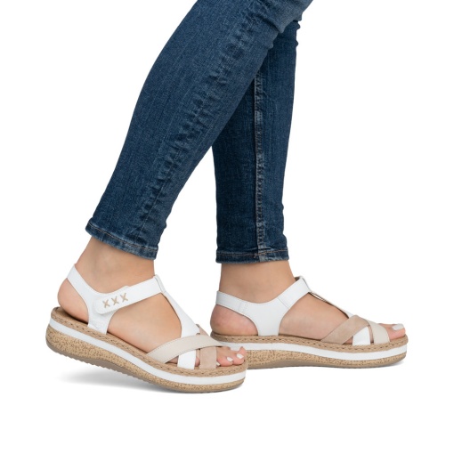 Sandale damă Rieker V0919-80 alb/bej, piele eco, platformă 4.5 cm - Img 2