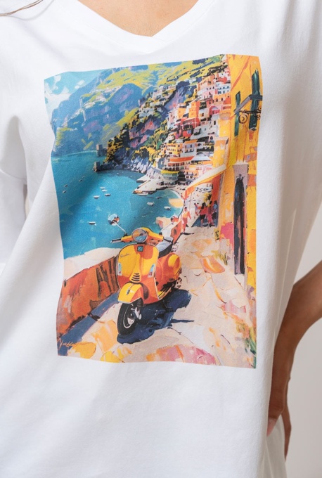 Tricou din bumbac cu imprimeu artistic si efect pictural 25863, Hermosa, alb - Img 2