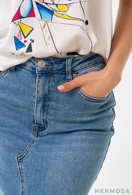 Fustă Midi Din Denim cu Efect Prespălat - Img 8