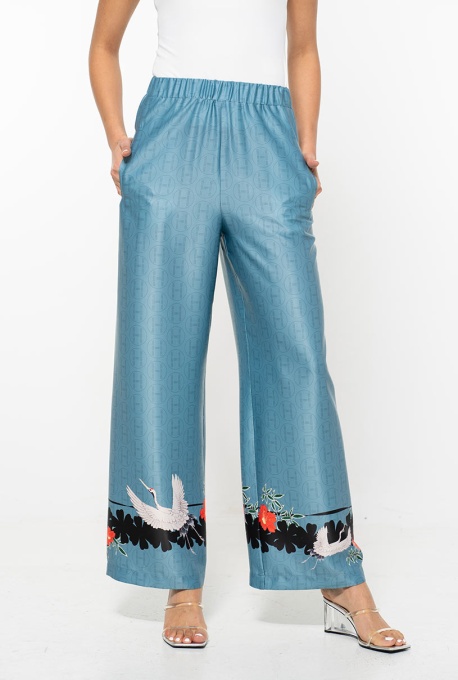 Pantaloni palazzo Dasha turcoaz Hermosa – satin imprimat, ediție limitată, fabricați în România - Img 4