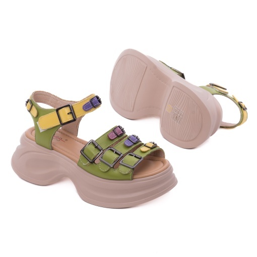 Sandale dama din piele naturala, PASS Collection 3OLY80013C 06-N, verde - Img 4