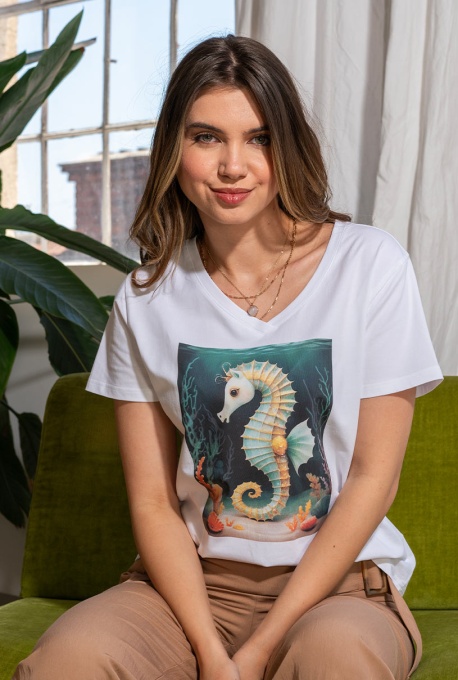 Tricou din bumbac cu imprimeu delicat 25857, Hermosa, alb - Img 3