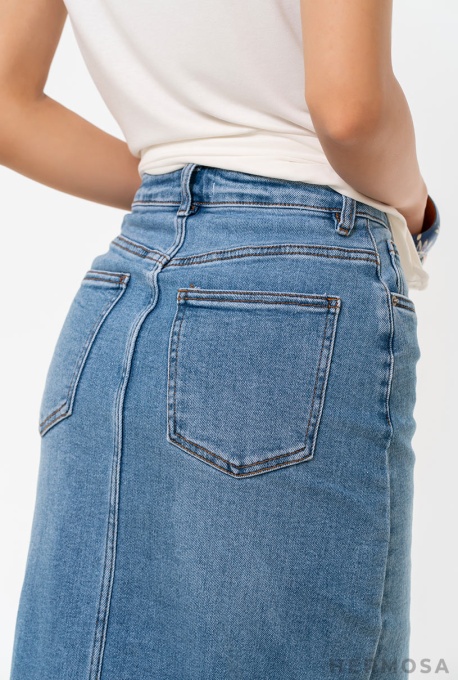 Fustă Midi Din Denim cu Efect Prespălat - Img 9