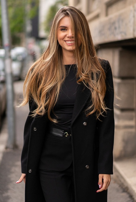 Palton damă Jessica Hermosa, stofă velur neagră, cu centură în talie și guler cu rever - Img 11