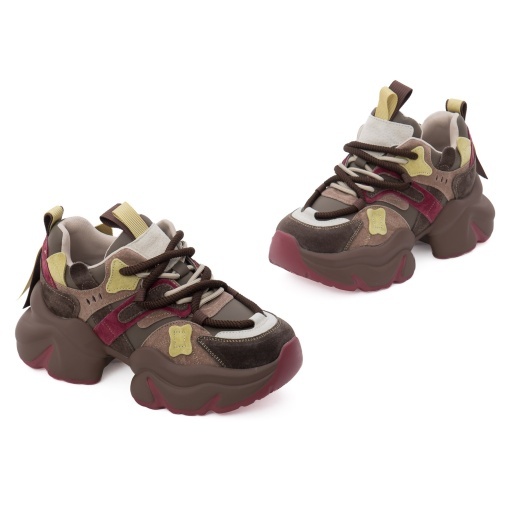 Pantofi dama sport din piele mix, Feeling, 3703, kaki multicolor - Img 2
