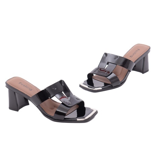 Papuci dama din piele naturala lacuita, Feeling 31099, negru - Img 2