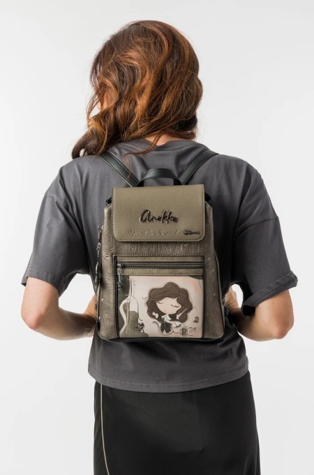 Rucsac damă ORCHESTRA WITH FLAP din piele ecologica, Anekke 43805-270 Kaki Multicolor - Img 10