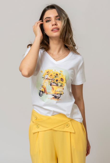 Tricou din bumbac cu imprimeu pictural realist 25858, Hermosa, alb - Img 7