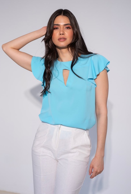 Bluza din sifon cu guler barcuta si decolteu in "V" KENDRA, Hermosa, aqua - Img 6