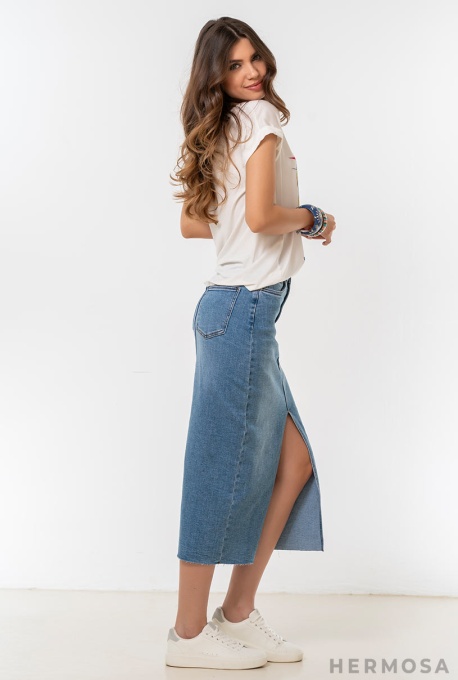 Fustă Midi Din Denim cu Efect Prespălat - Img 10