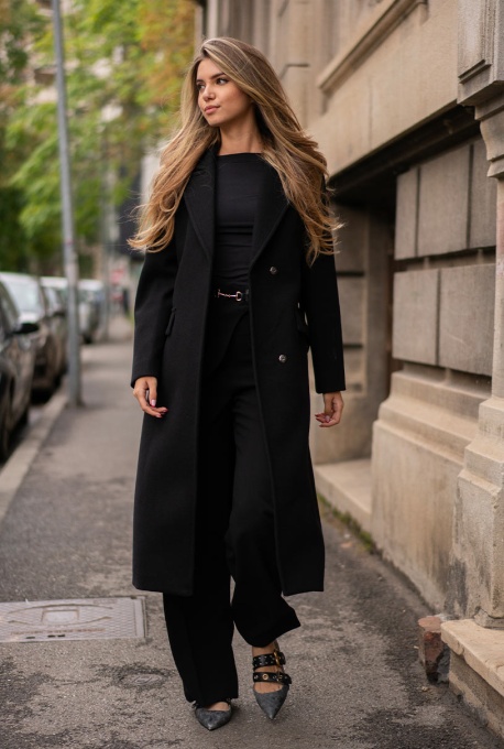 Palton damă Jessica Hermosa, stofă velur neagră, cu centură în talie și guler cu rever - Img 2