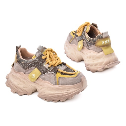 Pantofi sport femei din piele mix, Gryxx, 3OLY80018A 97-Z, bej - Img 3