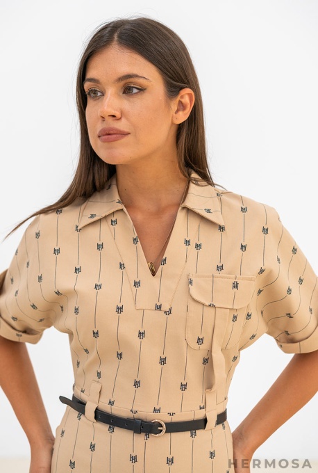 Rochie midi din gabardin elastic Camila cu imprimeu geometric - Img 7