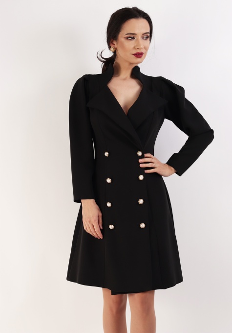 Rochie Tip Sacou Evazată cu Rever Ascutit - Negru - Img 3