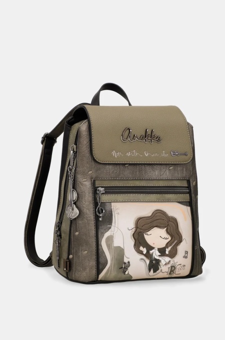 Rucsac damă ORCHESTRA WITH FLAP din piele ecologica, Anekke 43805-270 Kaki Multicolor - Img 7