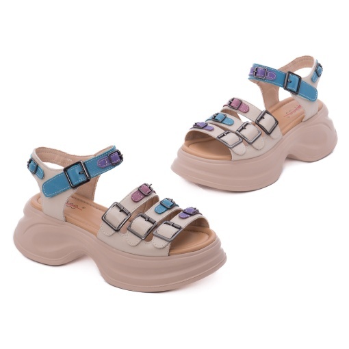 Sandale dama din piele naturala, PASS Collection 3OLY80013A 97-N, bej diverse - Img 2