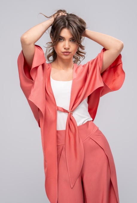 Bolero Kimono Hermosa Cărămiziu cu Cataramă Metalică și Nod Sculptural - Img 5