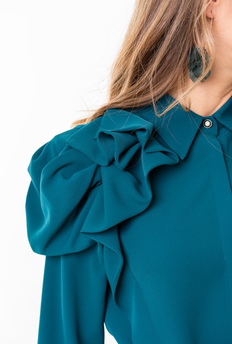 Cămașă Fernanda – Turcoaz, din rayon satinat cu accesoriu statement pe umăr - Img 8