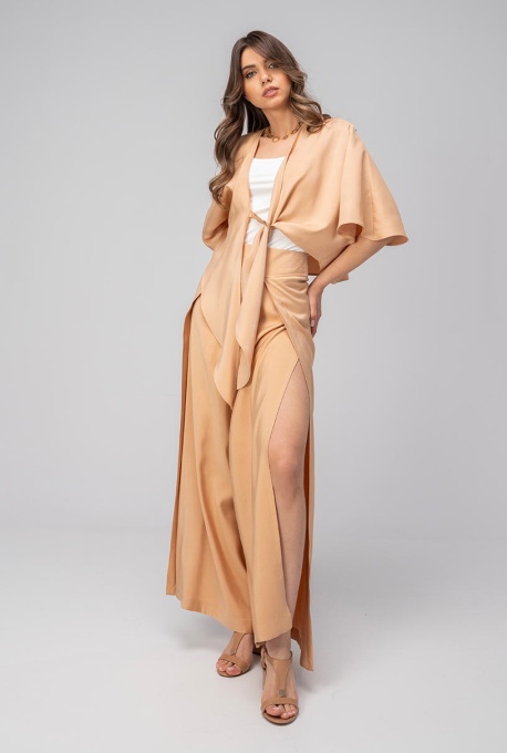 Pantaloni uni din rayon cu croi palazzo GIZEL, Hermosa, bej - Img 2