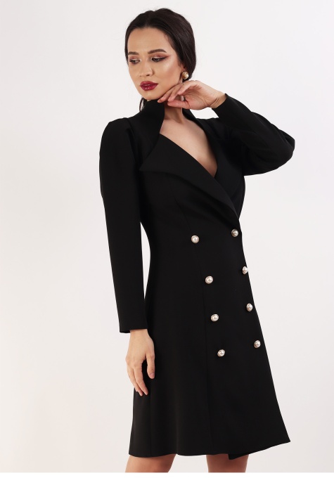 Rochie Tip Sacou Evazată cu Rever Ascutit - Negru - Img 4