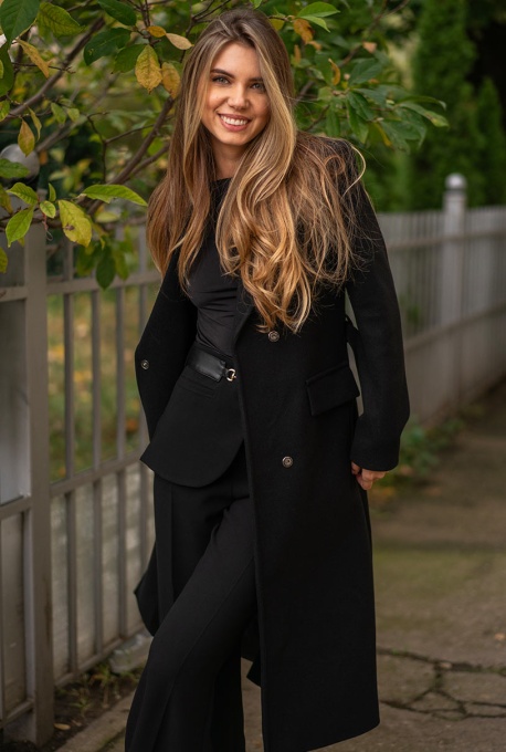Palton damă Jessica Hermosa, stofă velur neagră, cu centură în talie și guler cu rever - Img 4