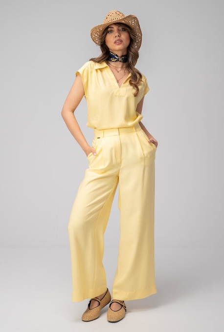 Pantaloni Meda Galben palazzo din modal, cu talie înaltă - Img 8