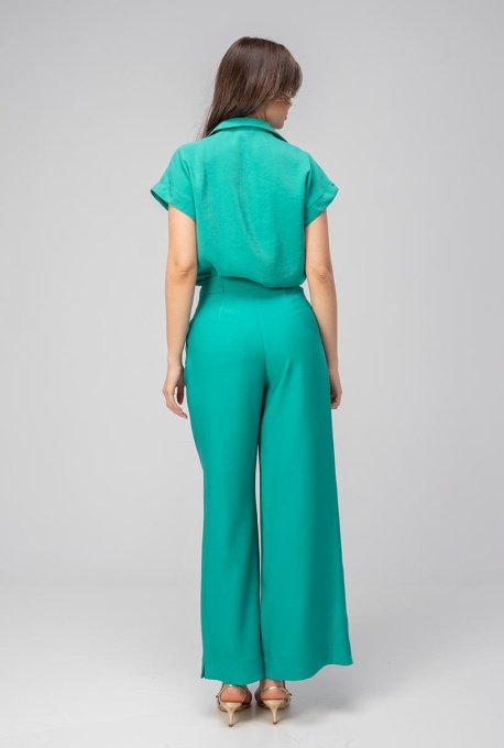 Pantaloni Meda Verde palazzo din modal, cu talie înaltă - Img 3
