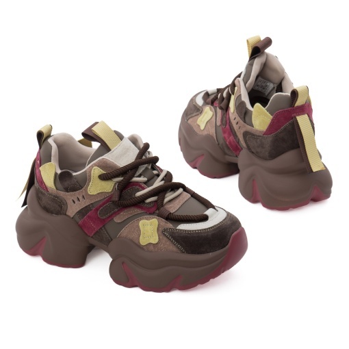 Pantofi dama sport din piele mix, Feeling, 3703, kaki multicolor - Img 3