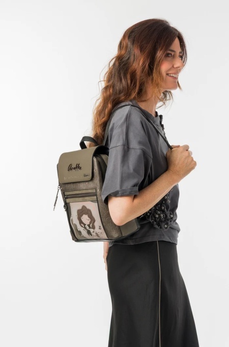 Rucsac damă ORCHESTRA WITH FLAP din piele ecologica, Anekke 43805-270 Kaki Multicolor - Img 11