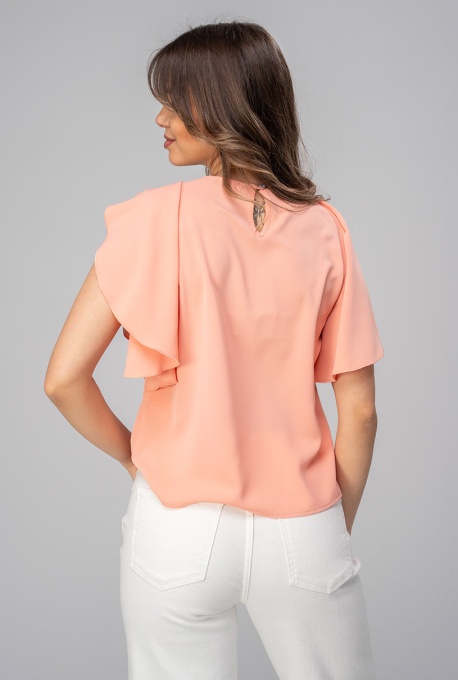 Bluză Hermosa Culoare Cais cu Mâneci Fluture și Volane Decorative - Img 9