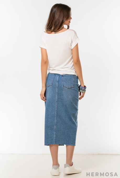 Fustă Midi Din Denim cu Efect Prespălat - Img 3