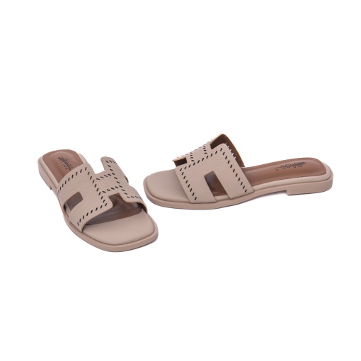 Papuci damă bej piele naturală Pass Collection 7QXS60029A 52-N, perforații decorative, slip-on - Img 2