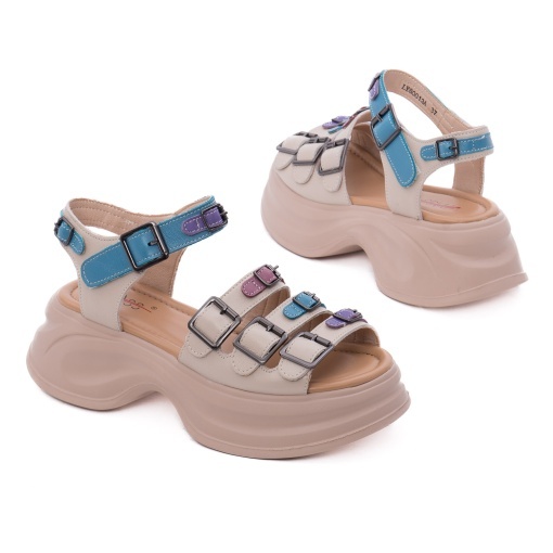Sandale dama din piele naturala, PASS Collection 3OLY80013A 97-N, bej diverse - Img 3