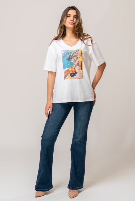 Tricou din bumbac cu imprimeu artistic si efect pictural 25863, Hermosa, alb - Img 4