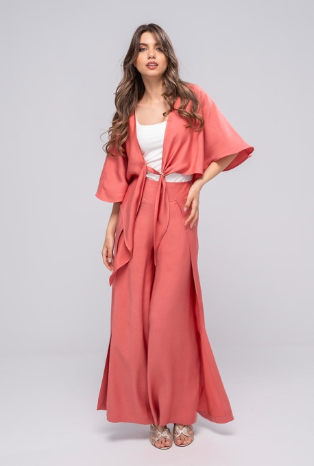Bolero Kimono Hermosa Cărămiziu cu Cataramă Metalică și Nod Sculptural - Img 6