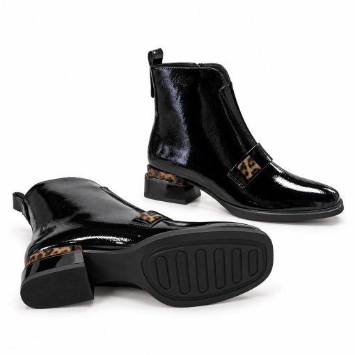 Botine dama din piele naturala lacuita, Epica 322B901-A25-ZP170B 01-L, negru - talpa si profil, pozitie naturala