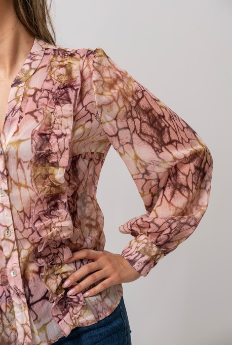 Camasa din sifon gofrat cu imprimeu stil cracks in nuante delicate RALUCA, Hermosa, roz pudra - Img 3