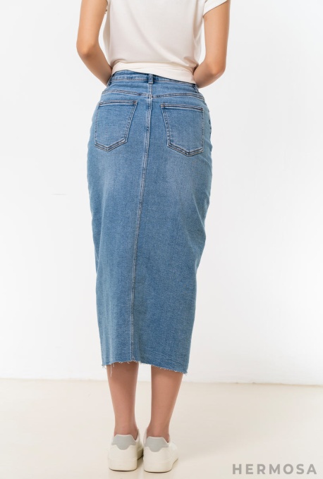 Fustă Midi Din Denim cu Efect Prespălat - Img 4