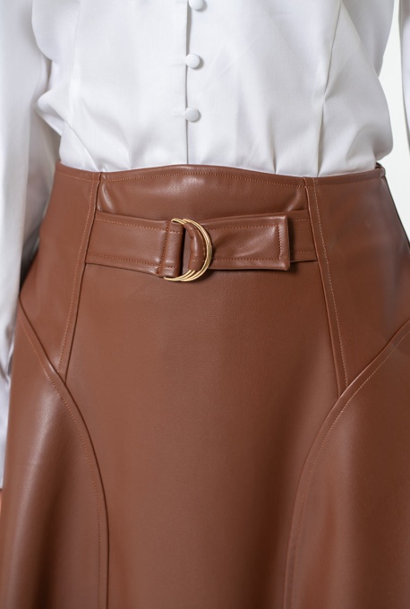 Fusta uni din piele ecologica dublata cu fleece LIDDY Hermosa, maro - Img 3