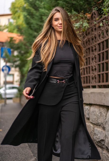 Palton damă Jessica Hermosa, stofă velur neagră, cu centură în talie și guler cu rever - Img 6