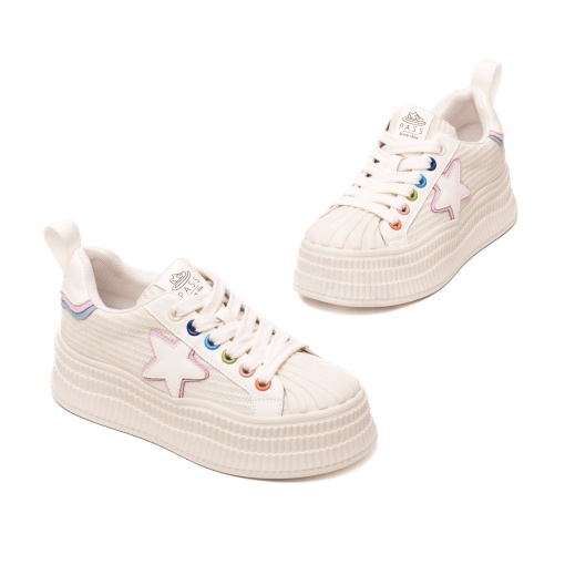 Pantofi dama casual, piele naturala si textil, 6LMQ60011A-F3, alb multicolor - Img 2