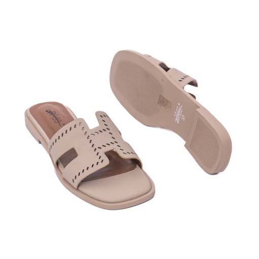 Papuci damă bej piele naturală Pass Collection 7QXS60029A 52-N, perforații decorative, slip-on - Img 3