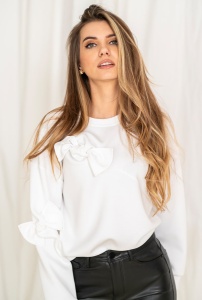 Bluză Myra – Albă, neopren cu mâneci lungi și detalii tip fundă