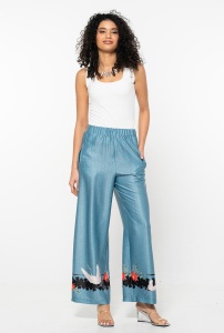 Pantaloni palazzo Dasha turcoaz Hermosa – satin imprimat, ediție limitată, fabricați în România